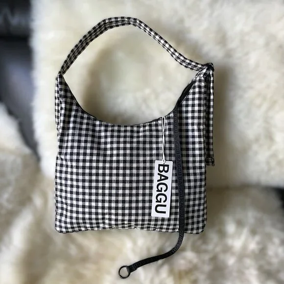 NWT Baggu Regular Shoulder Bag - Black & White Gingham - Picture 2 of 8